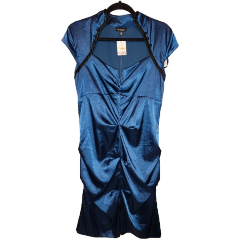 Le Chateau Blue satin ruched bodycon  dress with button detail in xl NWT!